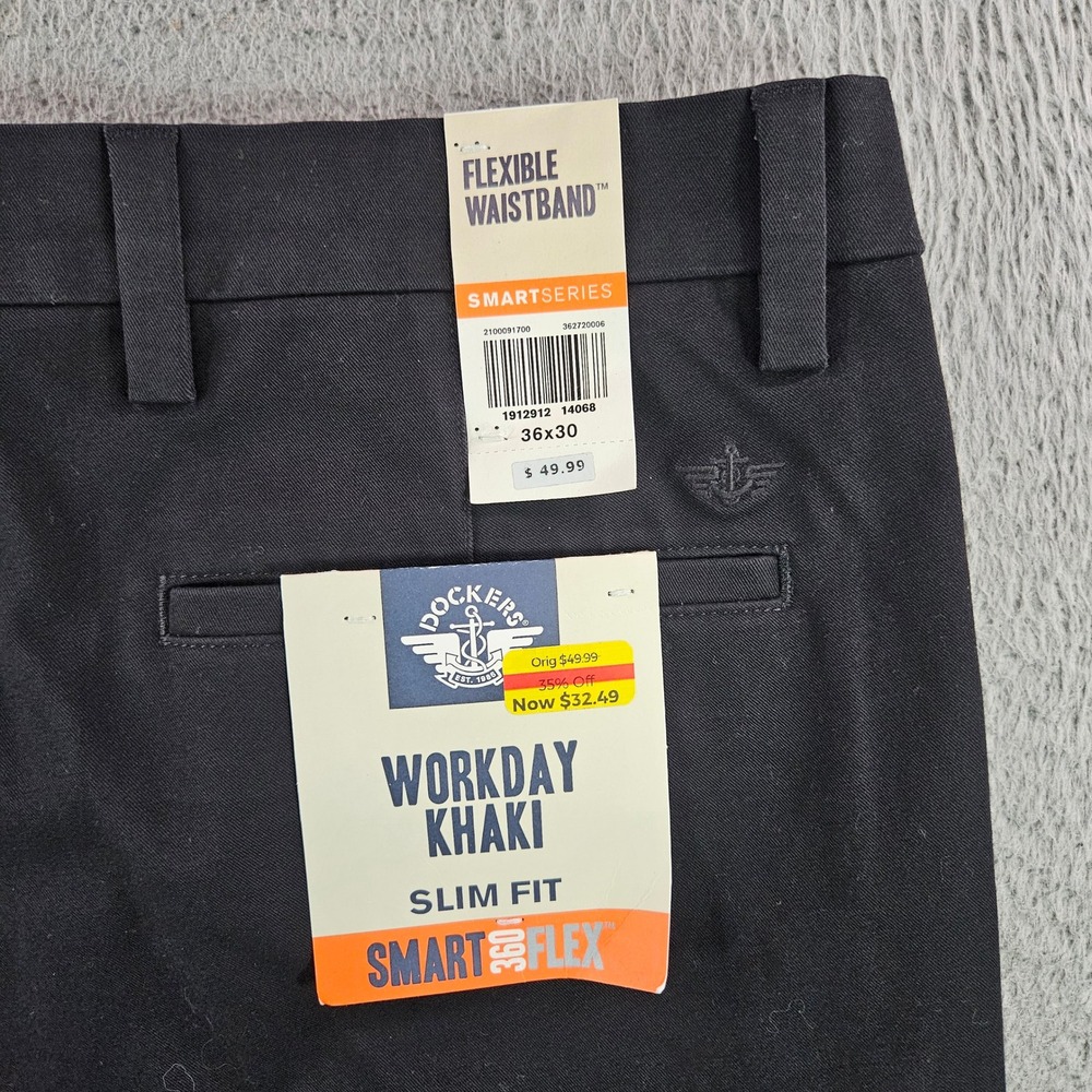 Dockers Mens Workday Khaki Slim Fit Smart 360 Flex Pants Black 36x30 NEW NWT